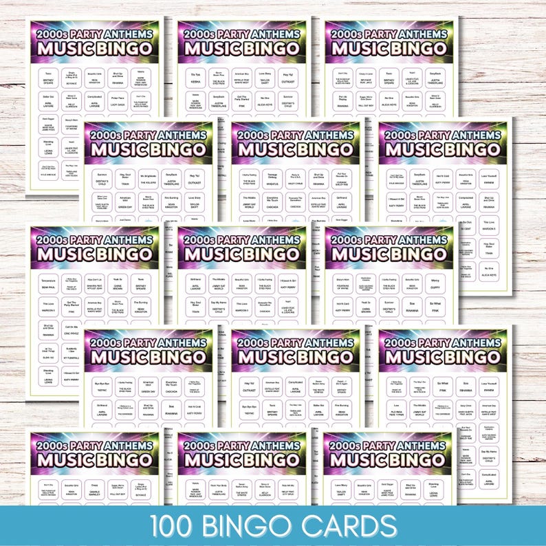 May include: A collection of 2000s Party Anthems Music Bingo cards. Each card features a vibrant gradient header and a grid of song titles. The text "100 BINGO CARDS" is displayed at the bottom.