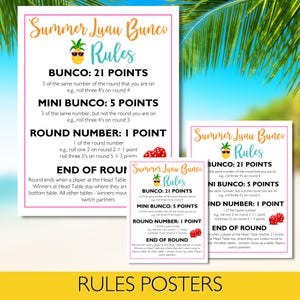 May include: Three printable posters with instructions for playing a game called "Summer Luau Bunco". The posters are pink, yellow, and blue with a pineapple graphic and dice. The rules include scoring for "Bunco", "Mini Bunco", and "Round Number".