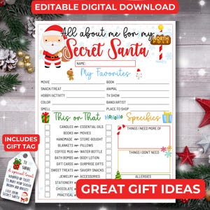 Wichtel Fragebogen zum Ausdrucken, Geschenkbörse Ideen, Geschenkanhänger, Weihnachtsumfrage für Arbeit, Familie und Freunde, Instant Download