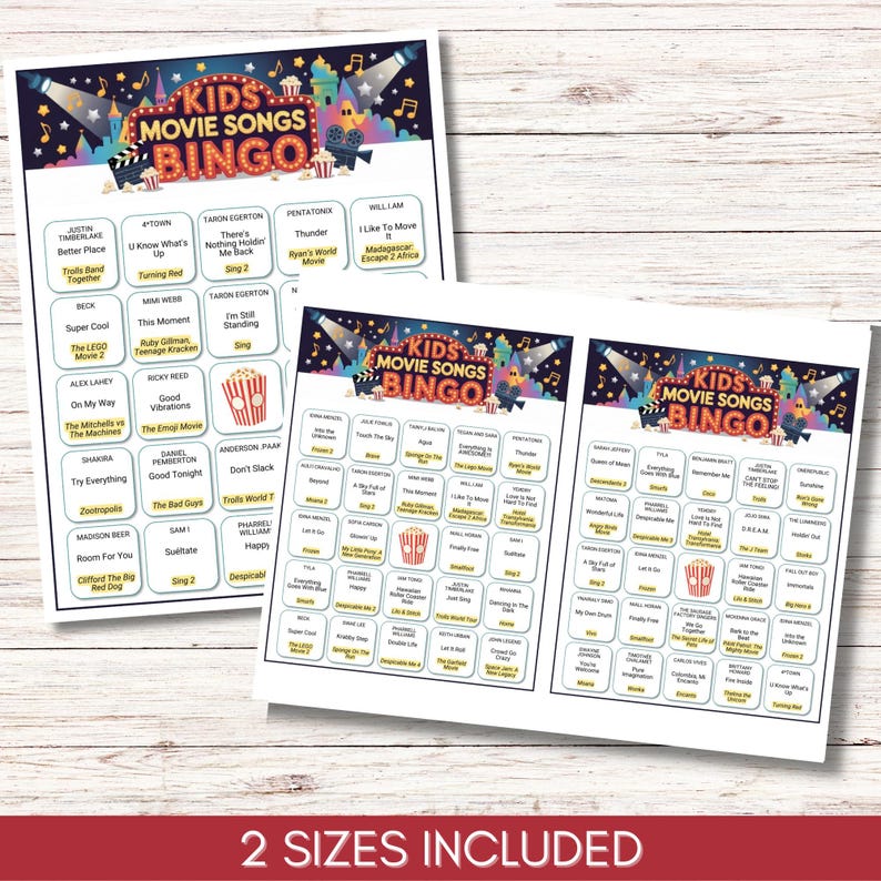 Kids Movie Music Bingo – Animated Songs Game, 100 Unique Cards Printable PDF