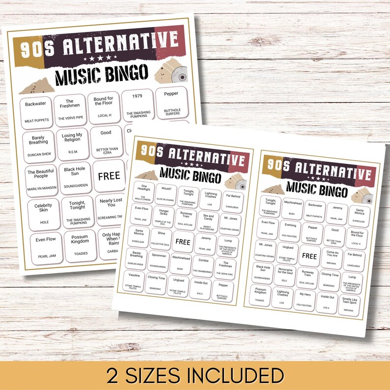Bingo voor alternatieve muziek uit de jaren 90 – het ultieme grunge- en alt-rock throwback-spel, afdrukbaar muziekspel, gezelschapsspel, direct downloaden afbeelding 6