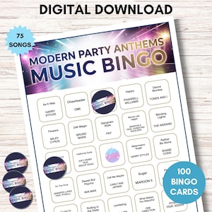 May include: A digital download of a Modern Party Anthems Music Bingo game. The game includes 75 songs and 100 bingo cards. The game features popular music artists and song titles. Includes round bingo markers.