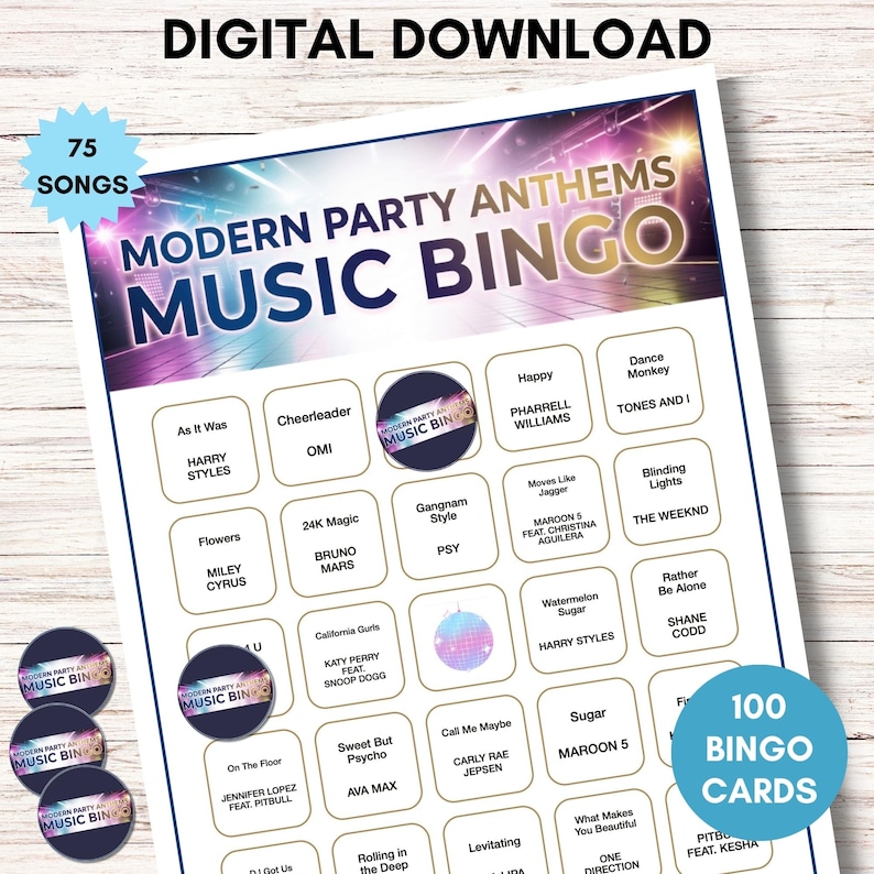 May include: A digital download of a Modern Party Anthems Music Bingo game. The game includes 75 songs and 100 bingo cards. The game features popular music artists and song titles. Includes round bingo markers.
