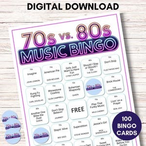 Muziekbingo uit de jaren 70 versus 80, afdrukbaar muziekspel, gezelschapsspel, direct downloaden, leuke groepsactiviteit, retromuziektrivia