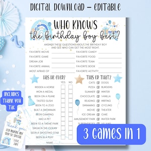 Quién conoce mejor al cumpleañero, juego de cumpleaños azul imprimible editable, juegos de fiesta de cumpleaños para adolescentes preadolescentes, ¿preferiría, cuestionario, WKB