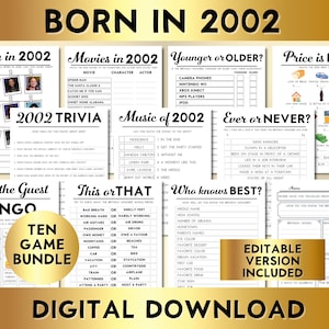 May include: A digital download bundle of ten printable party games for a 2002-themed birthday party. The games include "Born in 2002", "Movies in 2002", "Younger or Older", "Price is Right", "2002 Trivia", "Music of 2002", "Ever or Never", "Find the Guest Bingo", "This or That", and "Who Knows Best?"