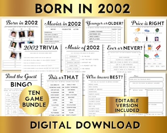 22nd Birthday Party Games, Printable, Born in 2002 Bundle, Instant Download, Editable, Price Is Right, Music, Trivia, BP001