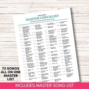 May include: A white paper host sheet titled MASTER CHECKLIST with a numbered list of 75 songs and artists. The text includes 75 SONGS ALL ON ONE MASTER LIST and INCLUDES MASTER SONG LIST. Each song entry has a small square checkbox for marking.