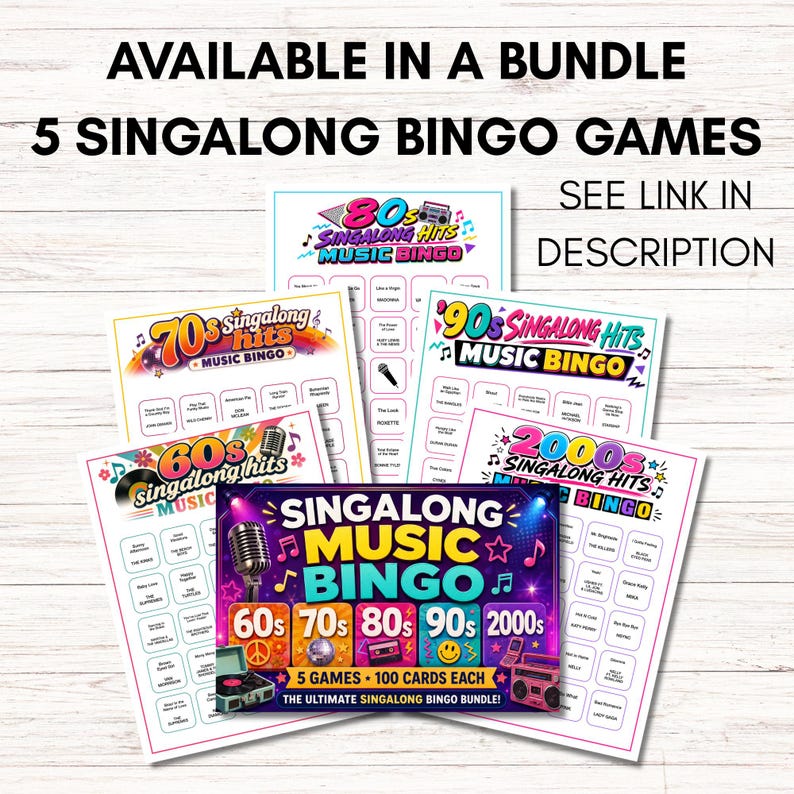 May include: A bundle of five singalong music bingo game sheets featuring themes from the 60s, 70s, 80s, 90s, and 2000s. Each sheet includes a grid of song titles and artist names, with colorful graphics like microphones, records, and boomboxes.