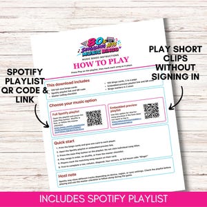 May include: A white instructional sheet for 80s Singalong Hits Music Bingo. It features a colorful logo, sections for Spotify playlist QR codes and links, a quick start guide, and host notes. The text explains how to play the music bingo game.