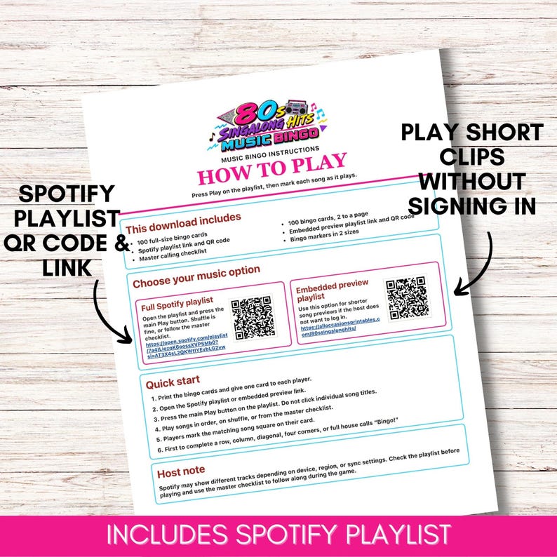 May include: A white instructional sheet for 80s Singalong Hits Music Bingo. It features a colorful logo, sections for Spotify playlist QR codes and links, a quick start guide, and host notes. The text explains how to play the music bingo game.