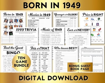75th Birthday Party Games, Born in 1949, Editable Printable Game Bundle, Instant Download, Price Is Right, Music, Trivia, Guest Book BP001