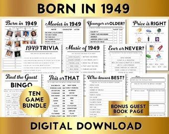 Juegos de fiesta de cumpleaños número 75, nacidos en 1949, paquete de juegos imprimible editable, descarga instantánea, precio correcto, música, trivia, libro de visitas BP001