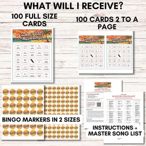 Pode incluir: Um conjunto de materiais impressos para um jogo de bingo com tema musical. A imagem mostra cart&otilde;es de tamanho completo, cart&otilde;es com dois por p&aacute;gina, marcadores de bingo em dois tamanhos e instru&ccedil;&otilde;es. O jogo &eacute; intitulado "Summer Vibes Music Bingo".