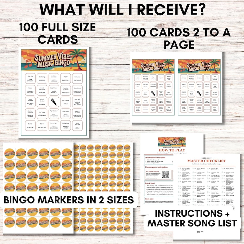 Pode incluir: Um conjunto de materiais impressos para um jogo de bingo com tema musical. A imagem mostra cart&otilde;es de tamanho completo, cart&otilde;es com dois por p&aacute;gina, marcadores de bingo em dois tamanhos e instru&ccedil;&otilde;es. O jogo &eacute; intitulado "Summer Vibes Music Bingo".