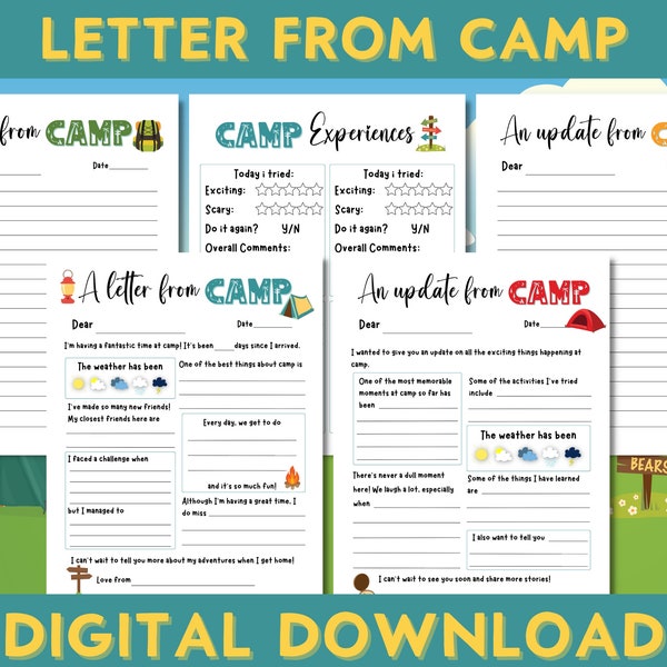 Letter From Camp, Printable Summer Camp Stationery, Kids Camping Trip, Vacation, Write Home, Boys and Girls, End Of School Activities