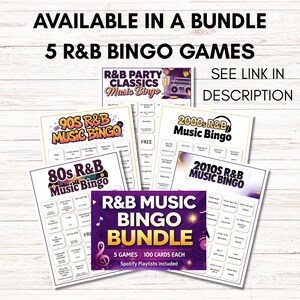 May include: A bundle of five R&B Music Bingo games. Each game card features a different decade of R&B music, including the 80s, 90s, 2000s, and 2010s. The bundle includes 100 cards each and Spotify playlists. The text "Available in a Bundle" is at the top.