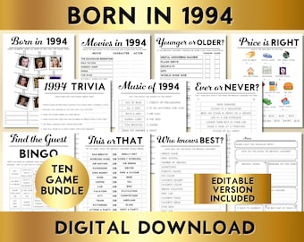 30th Birthday Party Games, Born in 1994, Editable Printable Game Bundle, Instant Download, Price Is Right, Music, Trivia, Guest Book BP001