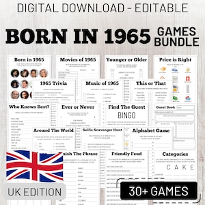 Lot de jeux de fête pour 60e anniversaire, né en 1965, anecdotes, édition britannique, jeux imprimables amusants pour adultes, téléchargement immédiat