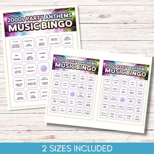 May include: Two sheets of 2000s Party Anthems Music Bingo cards. The cards feature a purple, green, and white design with song titles and artist names. The text "2 SIZES INCLUDED" is at the bottom.