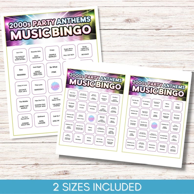 May include: Two sheets of 2000s Party Anthems Music Bingo cards. The cards feature a purple, green, and white design with song titles and artist names. The text "2 SIZES INCLUDED" is at the bottom.