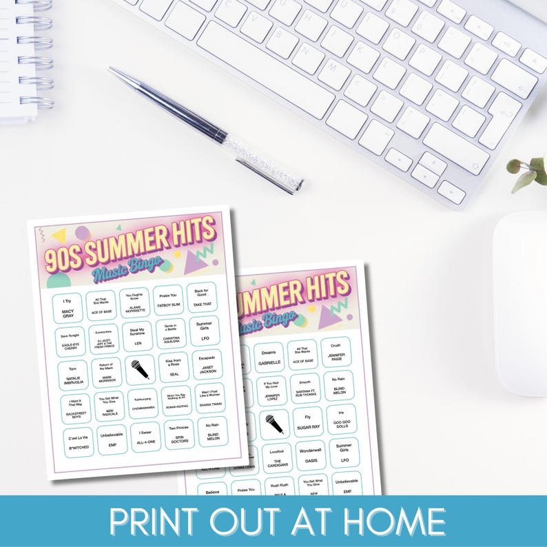 May include: Two sheets of 90s Summer Hits Music Bingo cards with a keyboard, pen, and mouse in the background. The cards have a colorful design with song titles and the text "Print Out At Home".