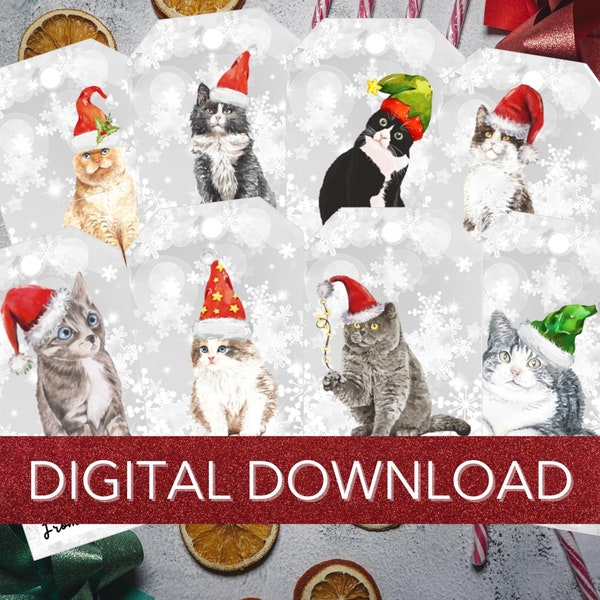 Printable Christmas Cats Gift Tag, Set of 8, Editable Instant Digital Download,