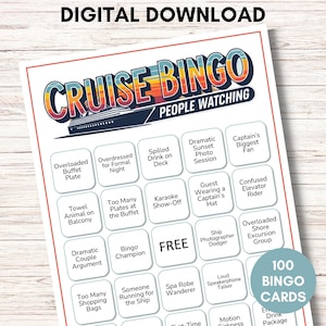 Juego de bingo para observar a la gente en un crucero, 100 tarjetas únicas, actividad imprimible en un crucero, juego de bingo de vacaciones, descarga instantánea