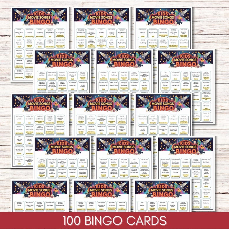 Kids Movie Music Bingo – Animated Songs Game, 100 Unique Cards Printable PDF