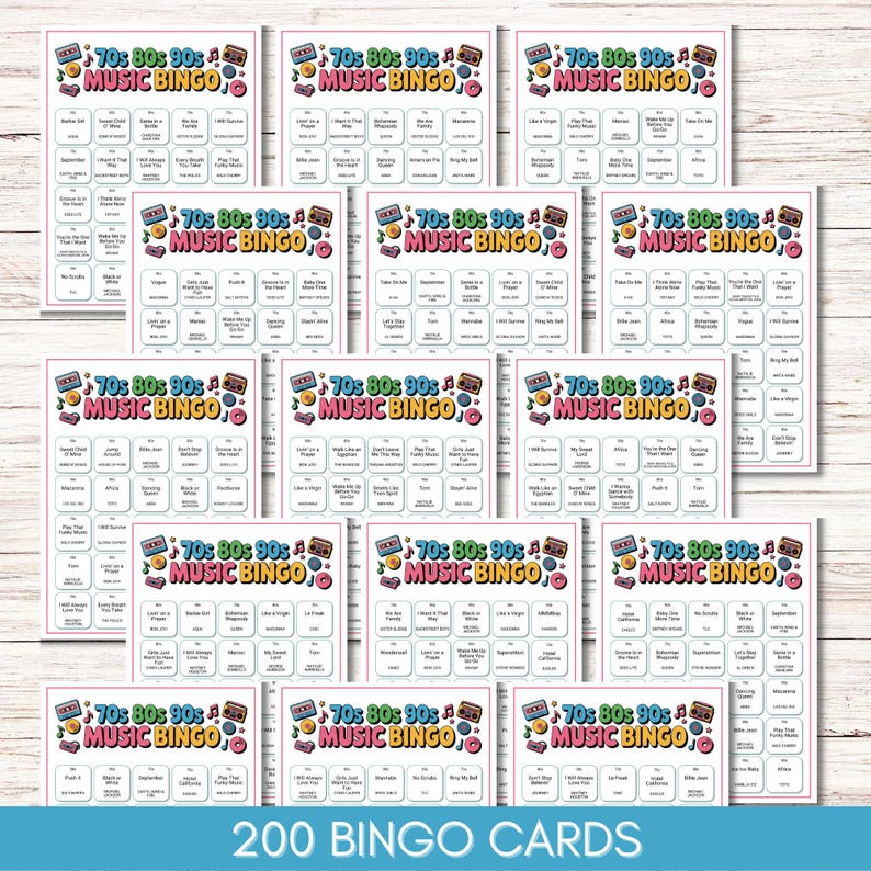 70s 80s 90s Music Bingo, Decades Bingo, Printable Game with 200 Bingo Cards, Spotify Playlist, Digital Download for Family Reunion or Party