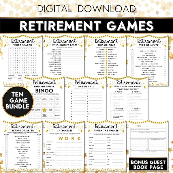 Retirement Party Games | Retirement Games Bundle | Fun Retirement Party Ideas | 10 Printable Games | Retiree Party | Coworker Games