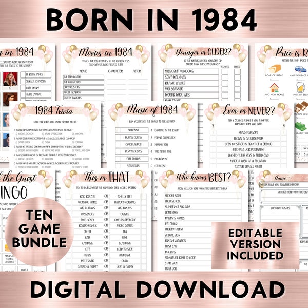 40e verjaardagsspellen voor haar, geboren in 1984 verjaardagsfeestje, afdrukbare spellenbundel, direct downloaden, bewerkbaar, personaliseren