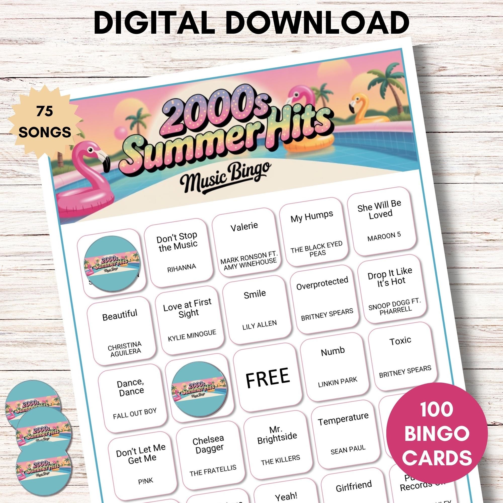 2000s Summer Hits Music Bingo – Printable Y2K Bingo Game with Spotify Playlist – 2000s Party Game – Instant Download – Music Bingo Cards