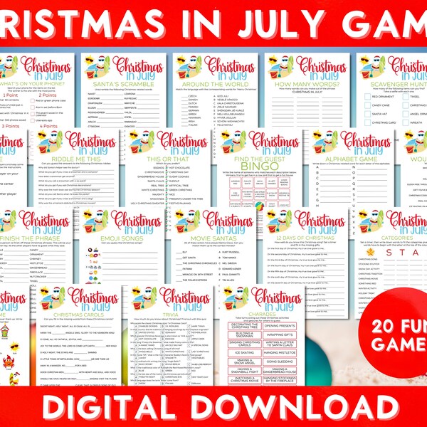 Christmas in July Printable Games Bundle - 20 Fun Party Games for Festive Summer Celebrations!