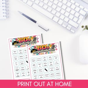 May include: Two white paper sheets featuring a 60s singalong hits music bingo game. Each sheet displays a colorful header with a vinyl record, microphone, and floral icons. The grid contains song titles and artist names in black text.