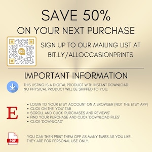K&ouml;nnte beinhalten: Eine digitale Informationsgrafik auf goldenem Hintergrund mit schwarzem Text, der SAVE 50% ON YOUR NEXT PURCHASE besagt, einem QR-Code und Anweisungen zum Herunterladen digitaler Dateien von einem Etsy-Konto, inklusive blauem Download-Symbol und rotem PDF-Symbol.