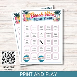 May include: A Beach Vibes Music Bingo game card featuring a tropical theme with palm trees, surfboards, and a seashell. The grid contains song titles and artist names in black text, a microphone icon, and two circular game markers with the game title.