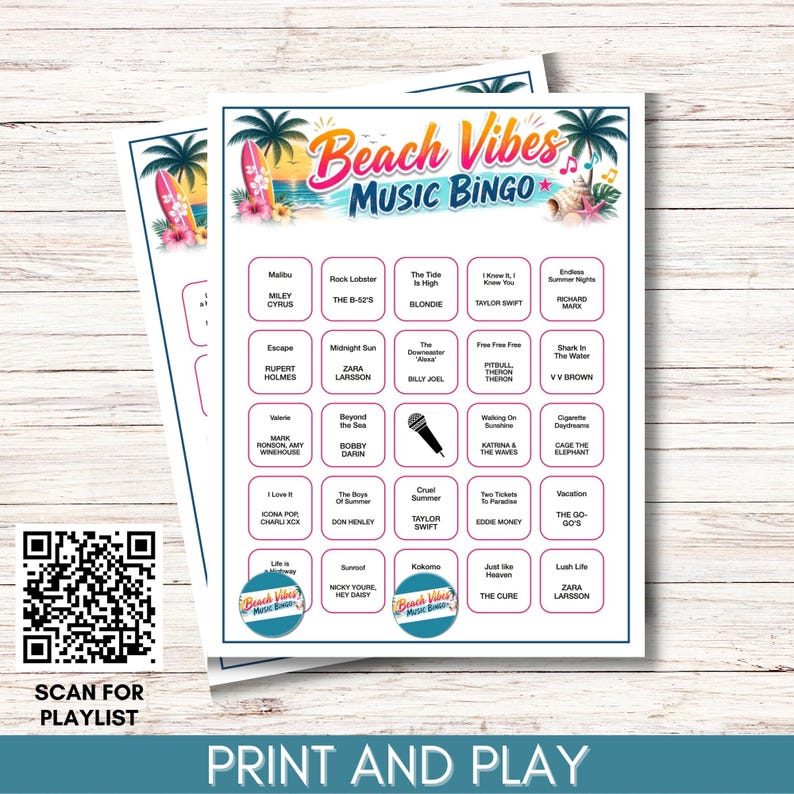 May include: A Beach Vibes Music Bingo game card featuring a tropical theme with palm trees, surfboards, and a seashell. The grid contains song titles and artist names in black text, a microphone icon, and two circular game markers with the game title.