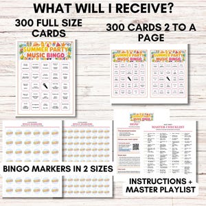 Puede incluir: Un conjunto de materiales imprimibles para el juego de bingo musical de fiesta de verano. Incluye 300 tarjetas de tama&ntilde;o completo, 300 tarjetas por p&aacute;gina, marcadores de bingo en dos tama&ntilde;os, instrucciones y una lista de reproducci&oacute;n maestra.