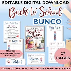Back to School Bunco Cards, Editable Printable Game Bundle, School Theme Dice Game, Bunco Score Sheets & Party Kit