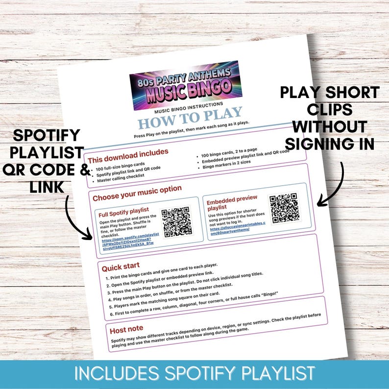 Może przedstawiać: Biała kartka papieru z tytułem "80s Party Anthems Music Bingo" i instrukcjami. Zawiera kody QR i linki do playlist Spotify, a także instrukcje dotyczące gry. Arkusz zawiera r&oacute;wnież tekst "Odtwarzaj kr&oacute;tkie klipy bez logowania."