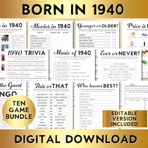 85th Birthday Party Games, Born in 1940, Printable 10 Game Bundle, Instant Download, Editable, Personalize, Music, Trivia, Guest Book BP001