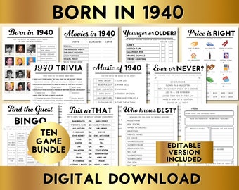 84th Birthday Party Games, Born in 1940, Editable Printable Game Bundle, Instant Download, Price Is Right, Music, Trivia, Guest Book BP001