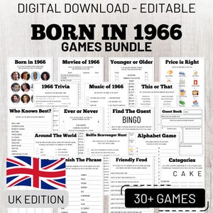 Könnte beinhalten: Digitaler Download eines 'Born in 1966' Spielepakets. Enthält Quiz, Musik und andere thematische Spiele. Enthält eine UK-Edition mit der Flagge des Vereinigten Königreichs. Über 30 Spiele sind enthalten.