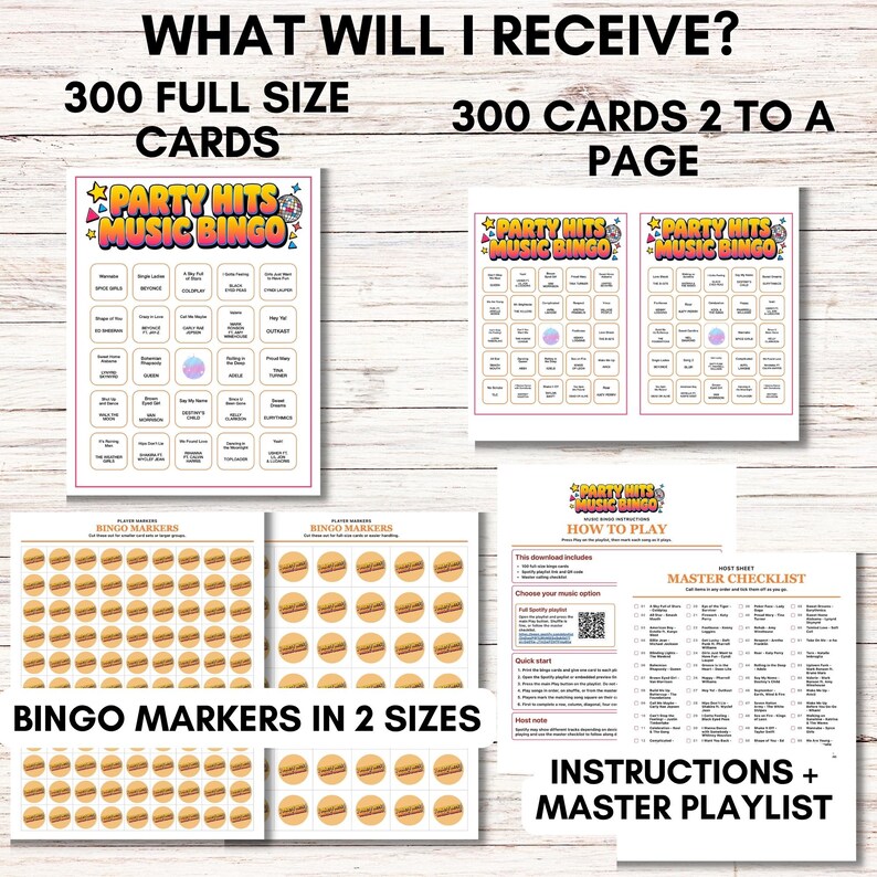 Puede incluir: Una colecci&oacute;n de juegos de fiesta imprimibles, que incluye 300 tarjetas de bingo de tama&ntilde;o completo, 300 tarjetas con dos por p&aacute;gina, marcadores de bingo en dos tama&ntilde;os, instrucciones y una lista de reproducci&oacute;n maestra. El juego se titula "Party Hits Music Bingo".