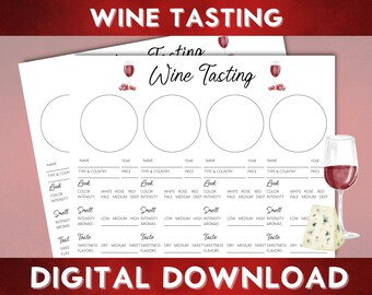 May include: Printable wine tasting sheet with four blank circles for wine names and a table with categories for look, smell, and taste. The categories include color intensity, aroma, sweetness, and flavors. The sheet has a red background with the words "Wine Tasting" in white text.