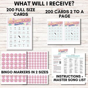 90s Summer Hits Music Bingo – 200 Cards, Printable Game with Spotify Playlist (Digital Download)