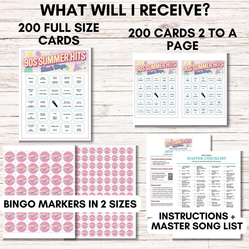 90s Summer Hits Music Bingo – 200 Cards, Printable Game with Spotify Playlist (Digital Download)