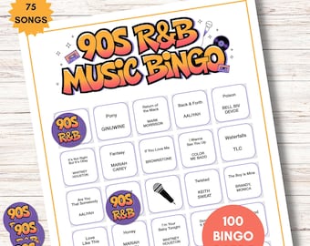 90s R&B Music Bingo, 100 Cards, Throwback Party Game, 75 Songs (Instant Download)