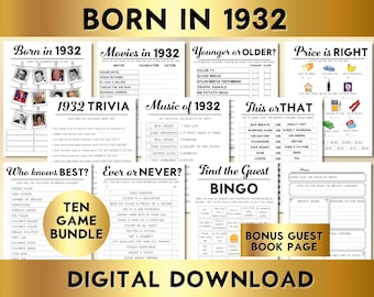 92nd Birthday Party Games, Born in 1932, Printable 10 Game Bundle, Instant Download, Bingo, Price Is Right, Music, Trivia, Guest Book BP001